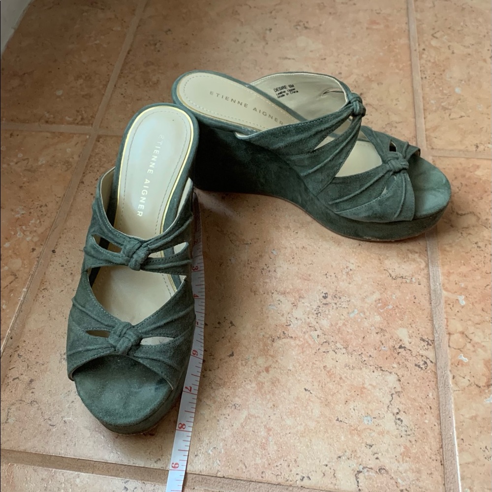 Anthropologie green suede wedge slide on sandals